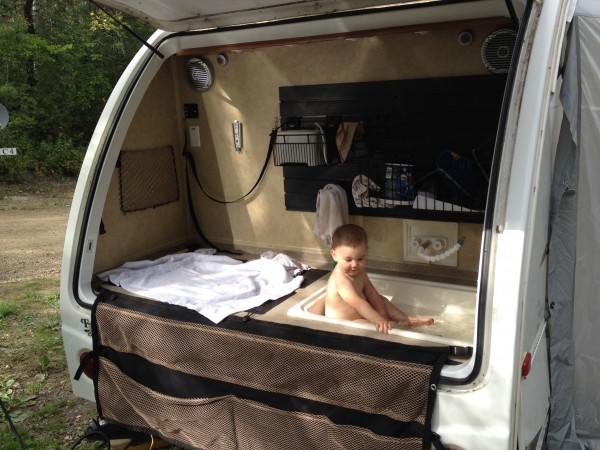 Sasha also got to have a bath the old-fashioned way in the rear hatch's sink.